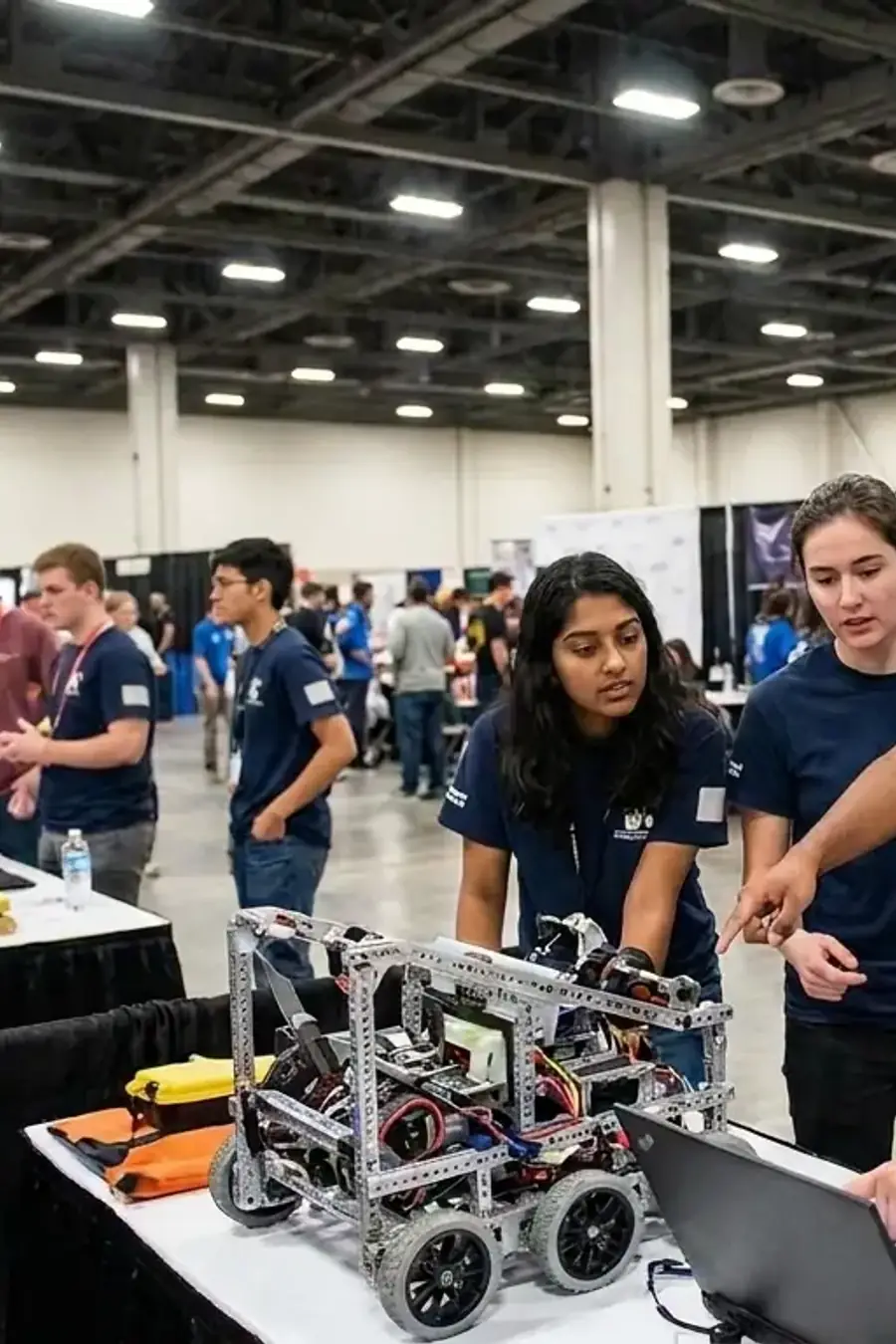 A student robotics team gathered around their machine at a competition table