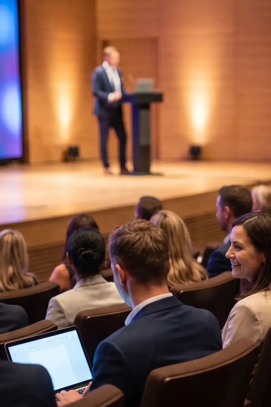 A seated auditorium audience facing a speaker at a lit podium