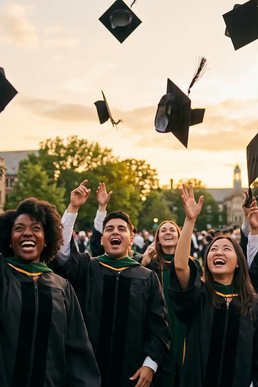 Graduates throwing their caps in the air at an outdoor ceremony at sunset