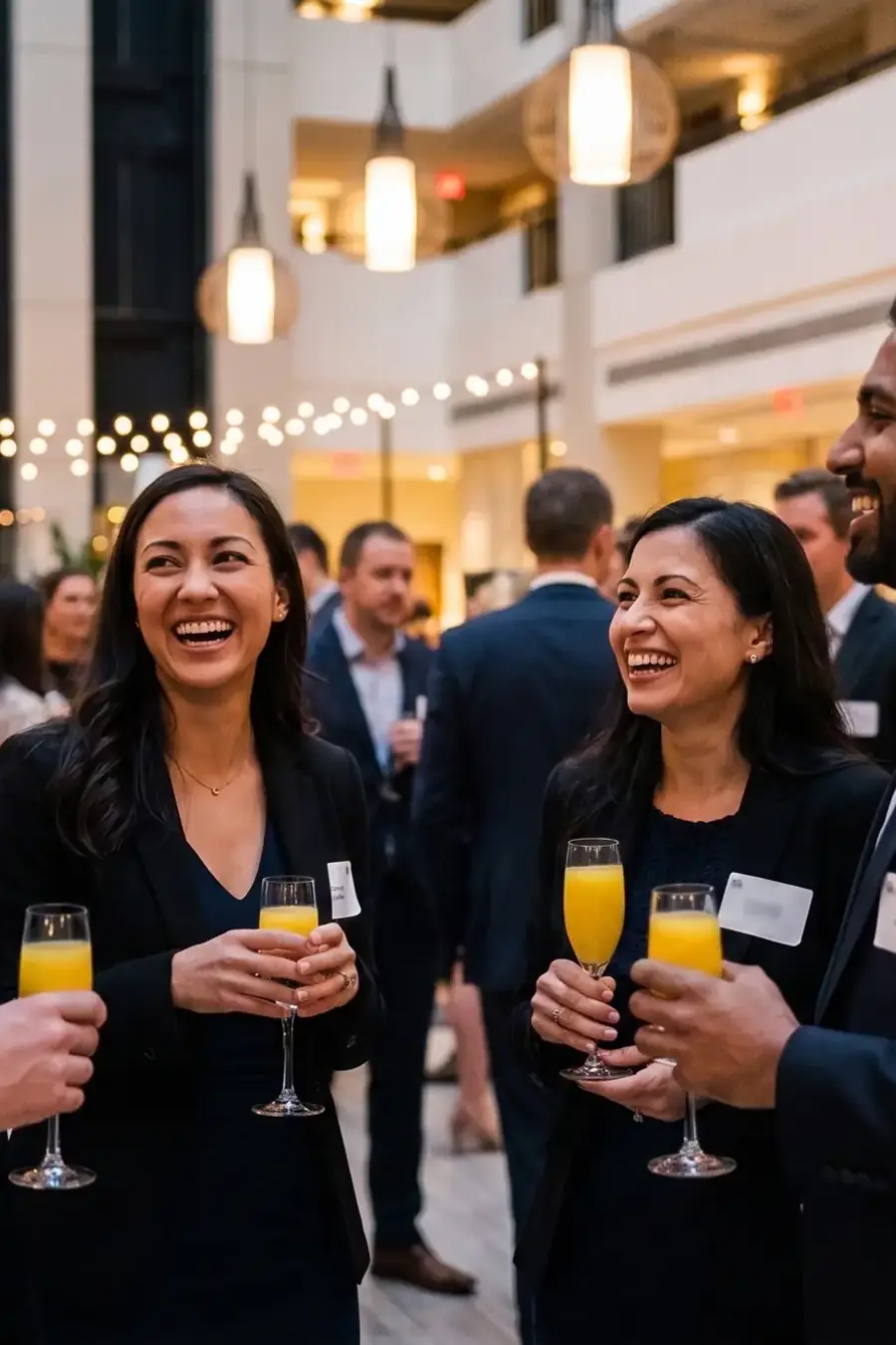 Delegates in business attire talking over drinks at an evening summit reception