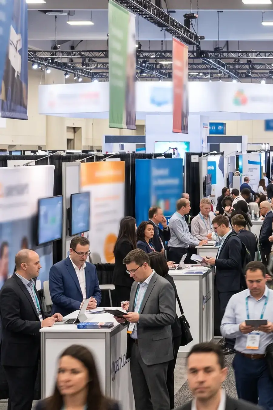 A packed exhibition hall of stands and lanyarded visitors