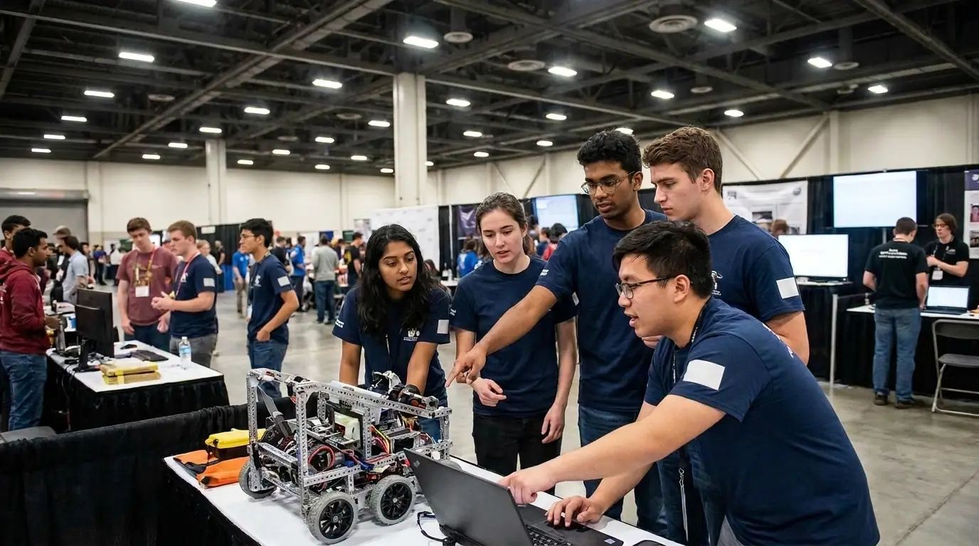 A student robotics team gathered around their machine at a competition table