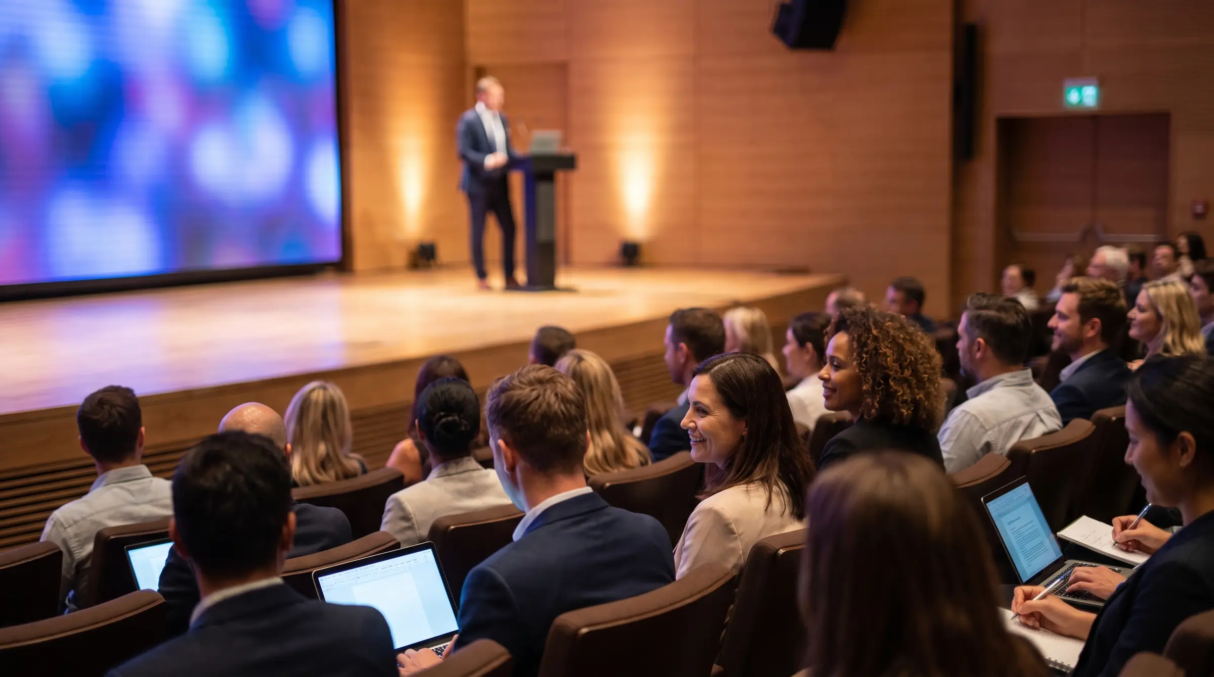 A seated auditorium audience facing a speaker at a lit podium