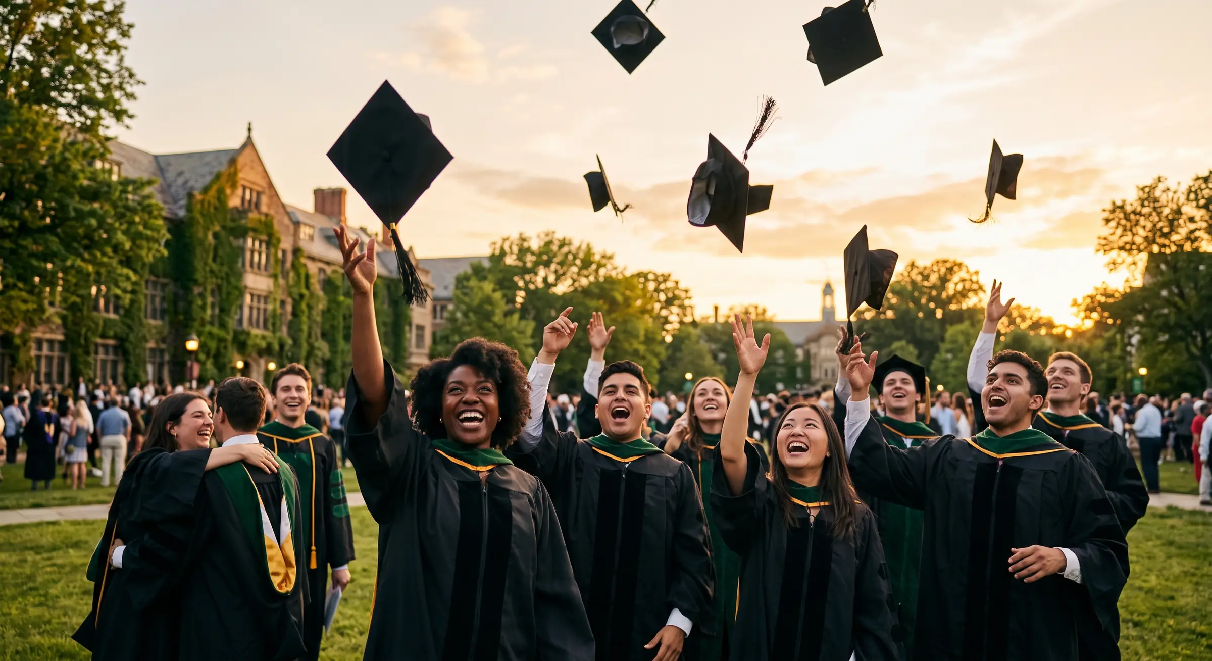 Graduates throwing their caps in the air at an outdoor ceremony at sunset