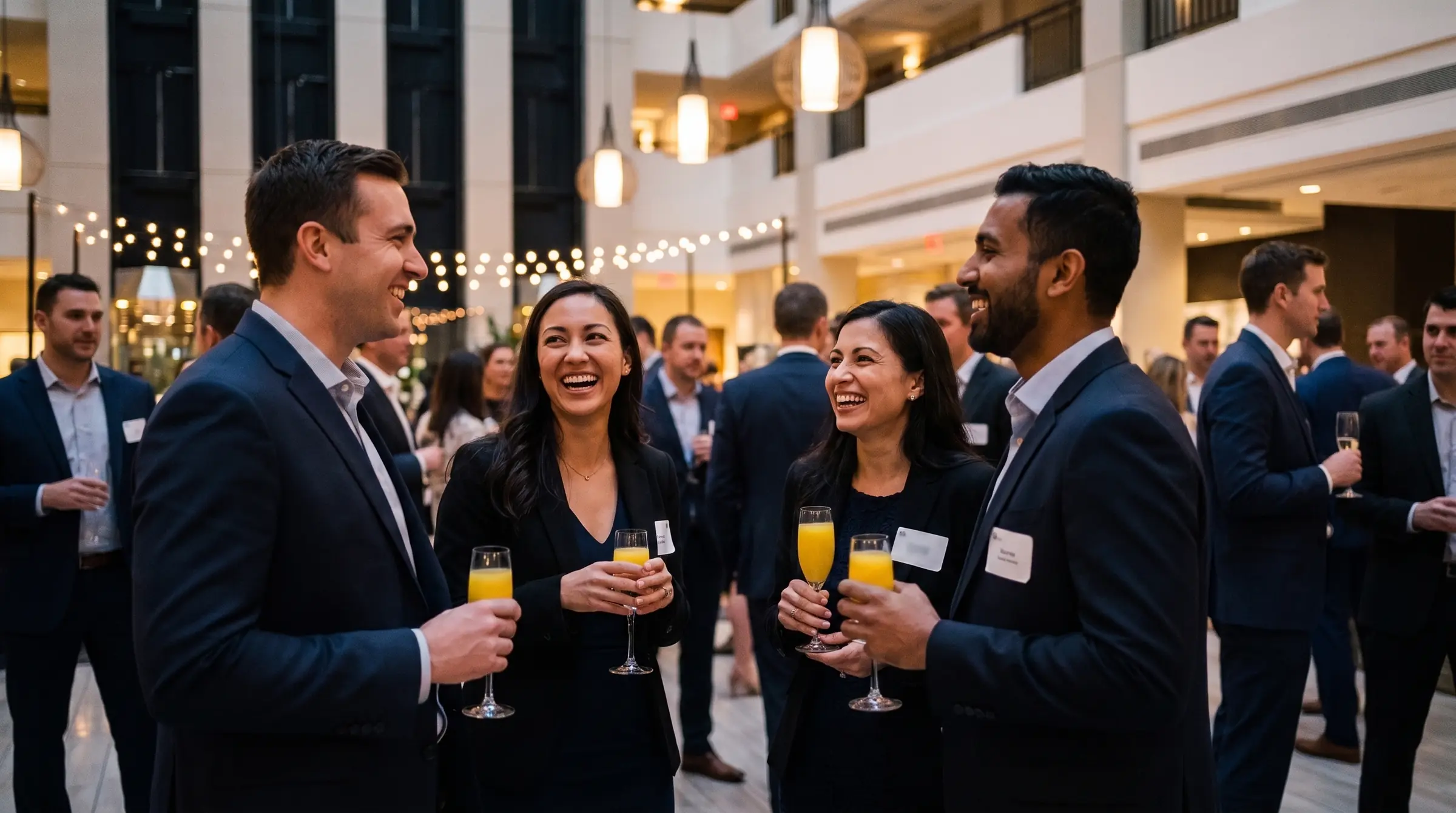 Delegates in business attire talking over drinks at an evening summit reception