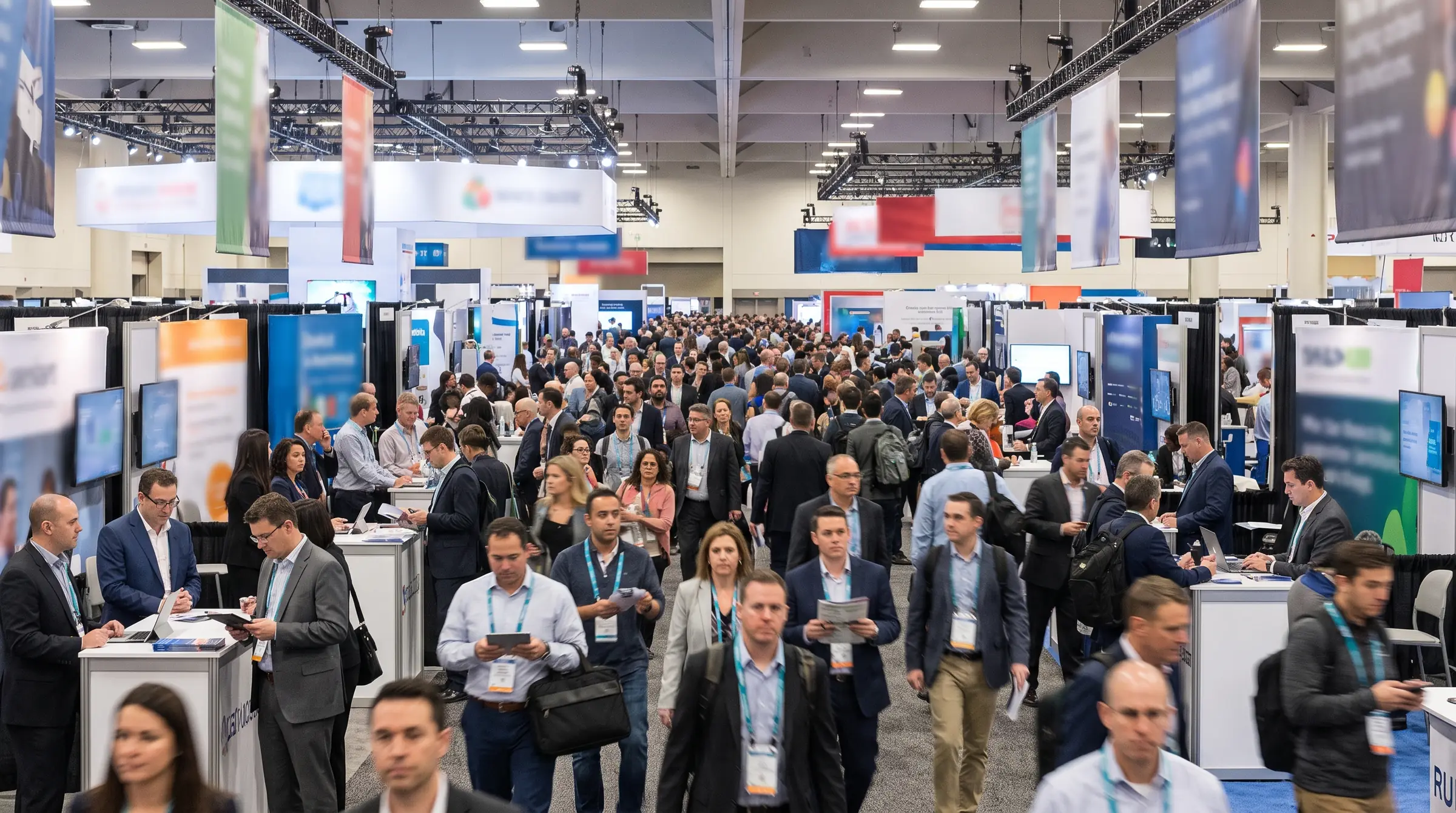 A packed exhibition hall of stands and lanyarded visitors